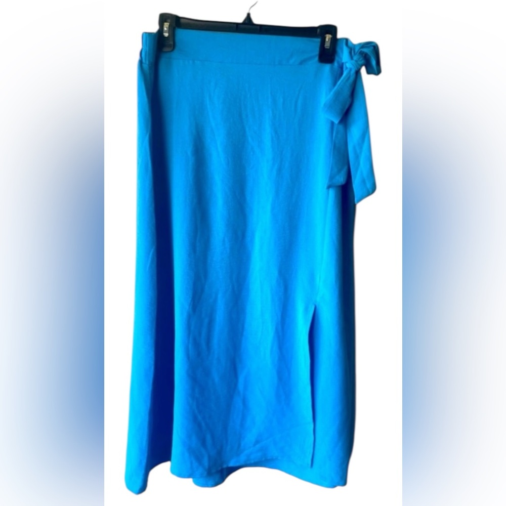 Soho Apparel Blue Wrap Midi Skirt with Tie Front